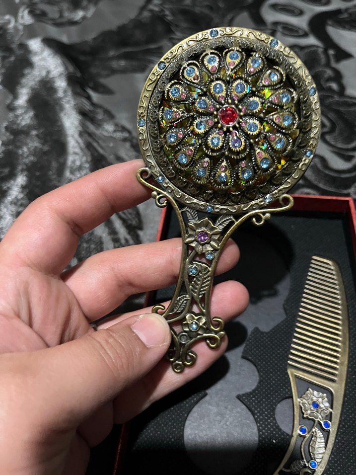 Taş İşlemeli Vintage Tarak ve Ayna Seti - Görsel 2