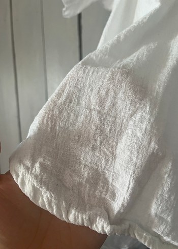 Kadın Beyaz Keten V Yaka Kısa Kollu Gömlek - Görsel 5