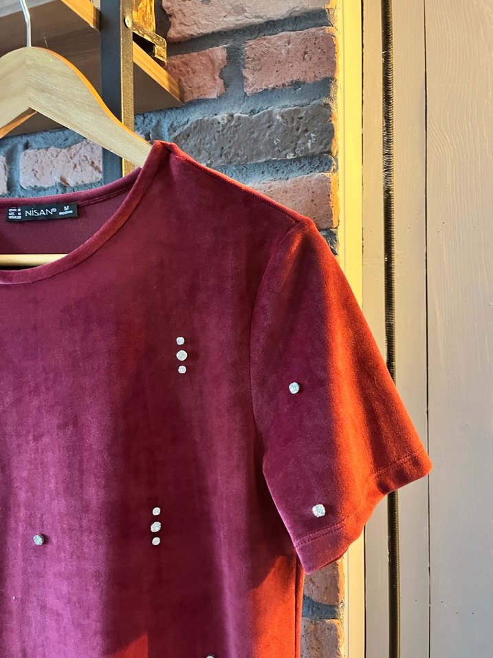 Payetli Bordo Kadın Süet Midi Elbise - Görsel 2