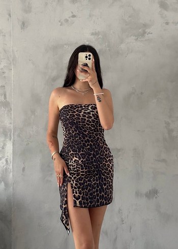 Leopar Desenli Drapeli Mini Elbise - Görsel 2