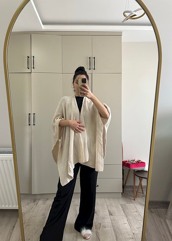 Bej Kadın Keten Uzun Kollu Loose Fit Kimono - Görsel 2