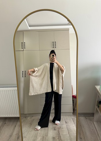 Bej Kadın Keten Uzun Kollu Loose Fit Kimono - Görsel 3