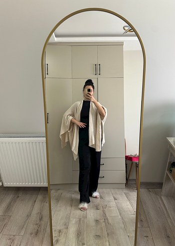 Bej Kadın Keten Uzun Kollu Loose Fit Kimono - Görsel 4