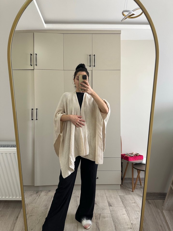 Bej Kadın Keten Uzun Kollu Loose Fit Kimono - Görsel 2