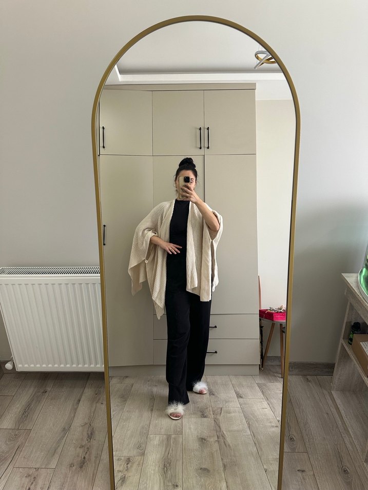 Bej Kadın Keten Uzun Kollu Loose Fit Kimono - Görsel 4