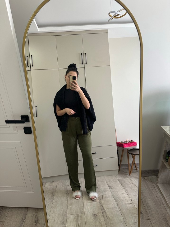 Kadın Haki Yün Bol Kesim Midi Pantolon - Görsel 2