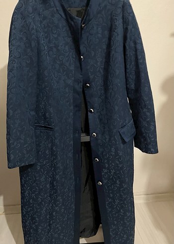 Lacivert Desen Kabartmalı Kadın Uzun Kaban - Görsel 3