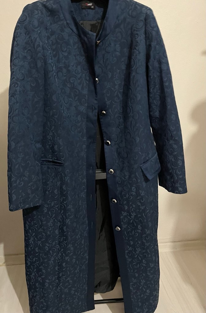 Lacivert Desen Kabartmalı Kadın Uzun Kaban - Görsel 3