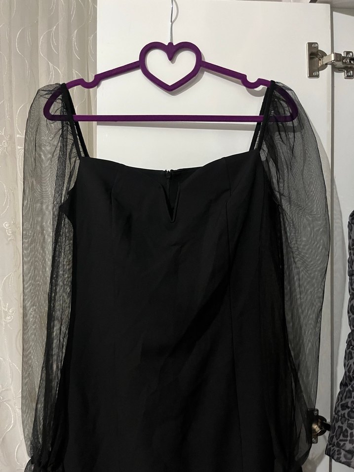 Siyah Transparan Kollu Straplez Mini Elbise - Görsel 3