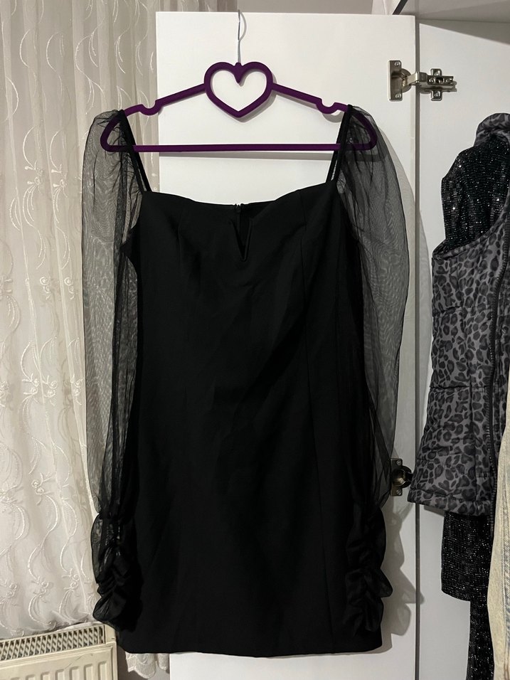 Siyah Transparan Kollu Straplez Mini Elbise - Görsel 2