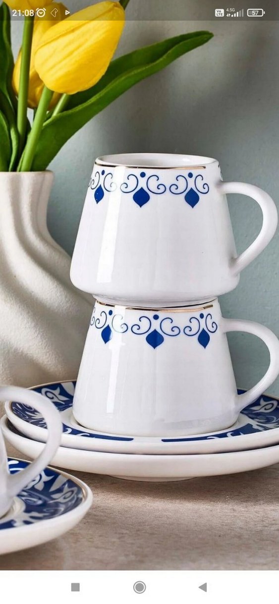 Mavi Desenli Beyaz Porselen Kahve Fincanı Seti - Görsel 2
