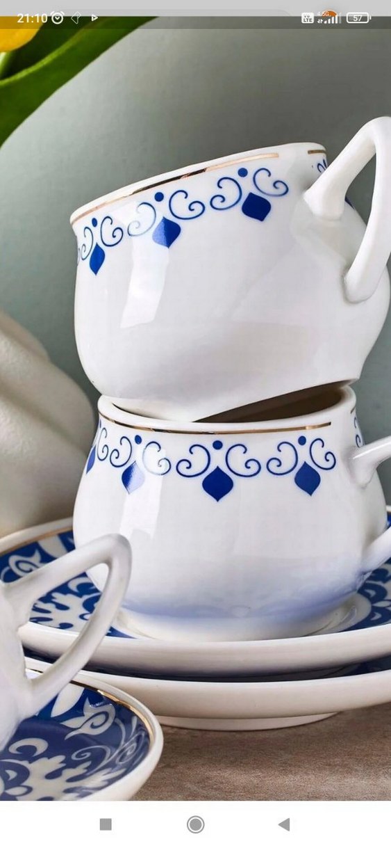 Mavi Desenli Beyaz Porselen Fincan Seti - Görsel 2