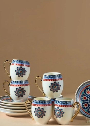 Renkli Çiçek Desenli Seramik Fincan Seti - Görsel 2