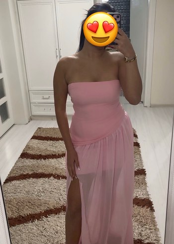 Pembe Drapeli Uzun Straplez Elbise