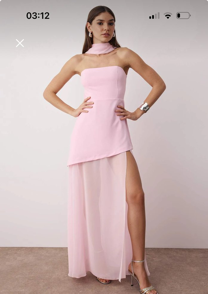 Pembe Drapeli Uzun Straplez Elbise - Görsel 2