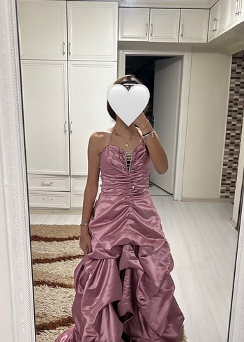 Pembe Drapeli Uzun Straplez abiye - Görsel 3