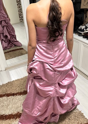 Pembe Drapeli Uzun Straplez abiye - Görsel 5