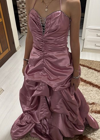 Pembe Drapeli Uzun Straplez abiye - Görsel 4