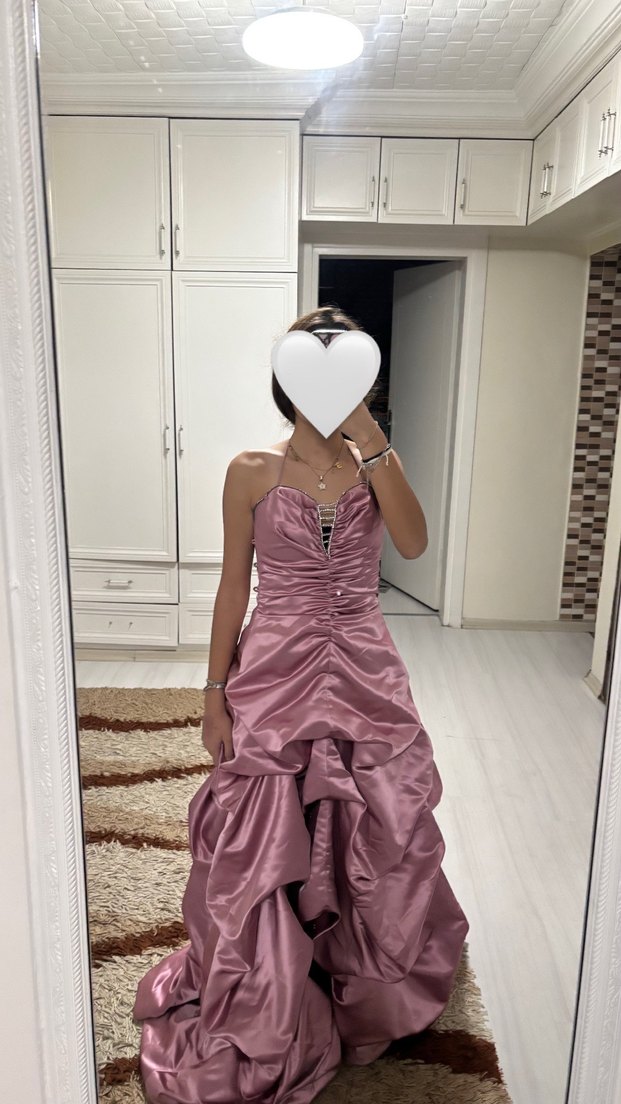 Pembe Drapeli Uzun Straplez abiye - Görsel 3