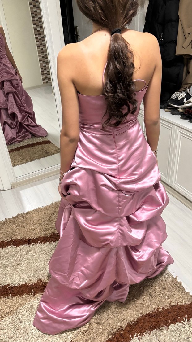 Pembe Drapeli Uzun Straplez abiye - Görsel 5