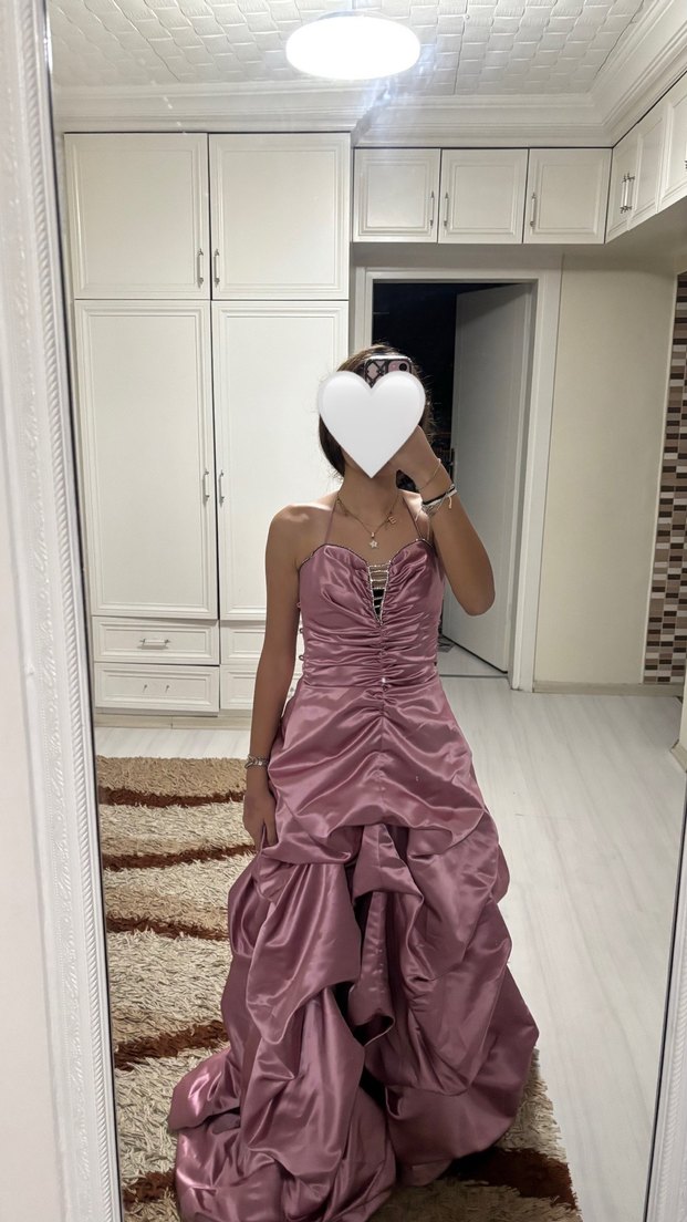 Pembe Drapeli Uzun Straplez abiye - Görsel 2