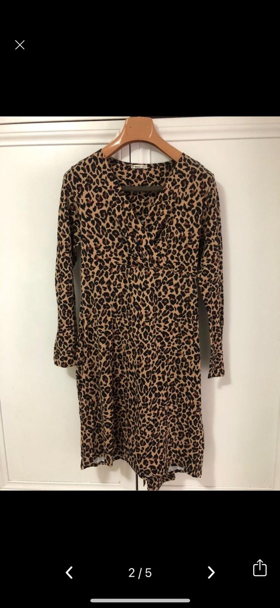 Leopar Desenli V Yaka Kuşaklı Midi Elbise - Görsel 2