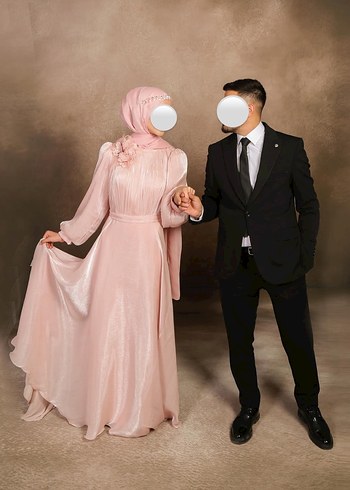 Abiye Uzun Kollu pudra Pembe Şeffaf Notalı Yaka Abiye