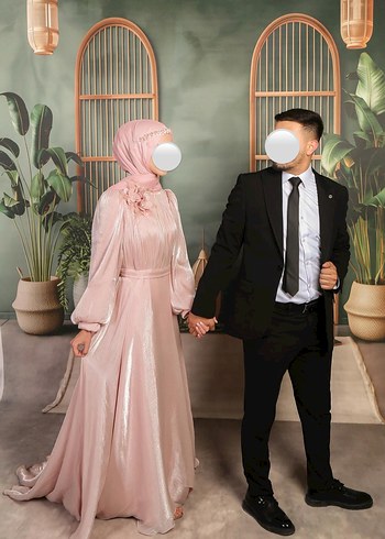 s Beden Uzun Kollu pudra Pembe Şeffaf Notalı Yaka Abiye