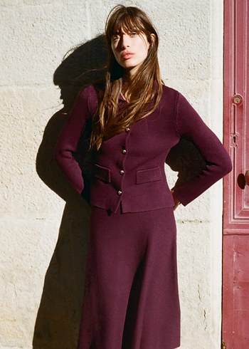 Zara Bordo Piliseli Triko Midi Kadın Etek