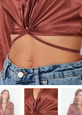 Kahverengi V Yakalı Kısa Saten Bluz - Görsel 2