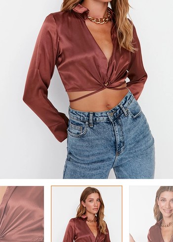 Kahverengi V Yakalı Kısa Saten Bluz - Görsel 3