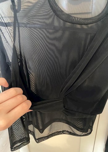 Ön Drapeli Siyah Transparan Bluz - Görsel 4