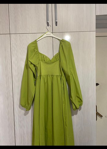 Uzun Kollu Drapeli Sarı Uzun Elbise - Görsel 4