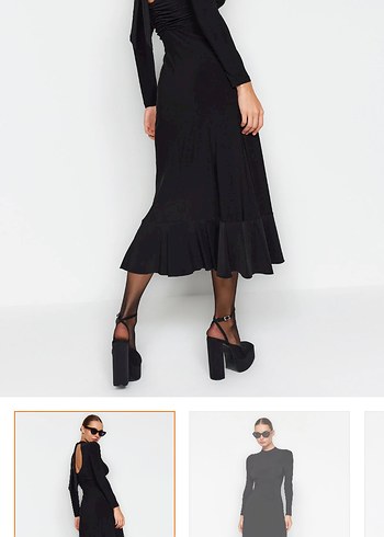 Siyah V Yakalı Fırfırlı Uzun Elbise - Görsel 3