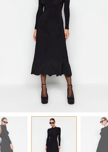 Siyah V Yakalı Fırfırlı Uzun Elbise - Görsel 2