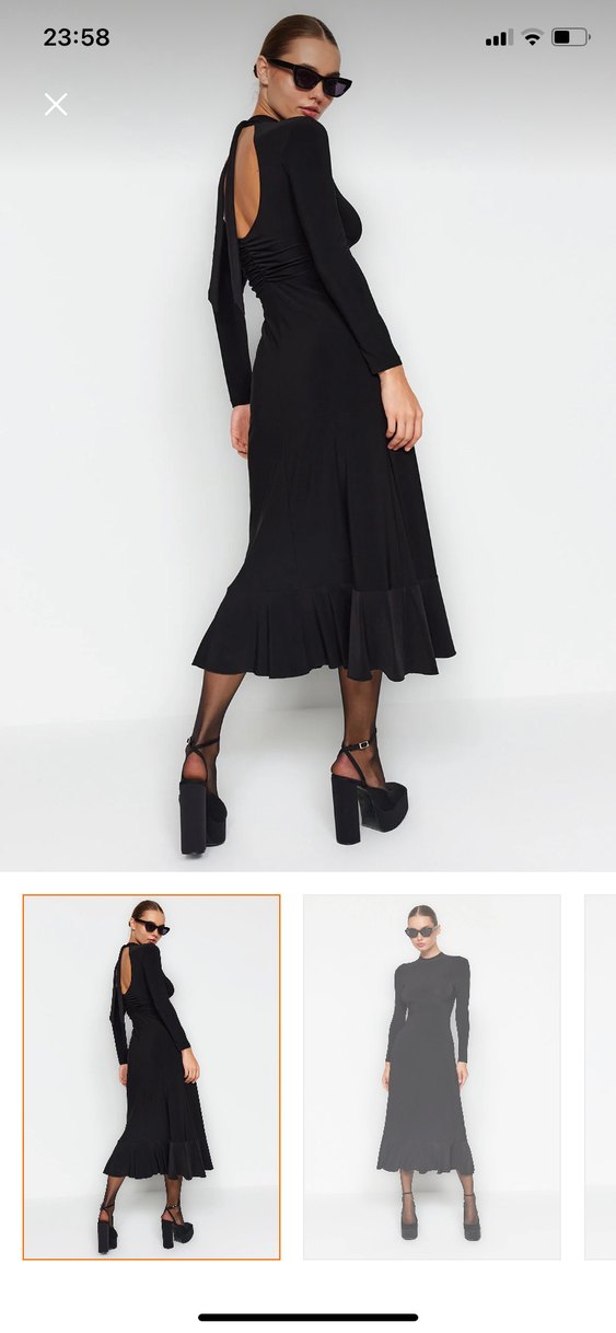 Siyah V Yakalı Fırfırlı Uzun Elbise - Görsel 3