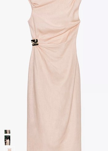 Drapeli Bej Keten Uzun Elbise - Görsel 3