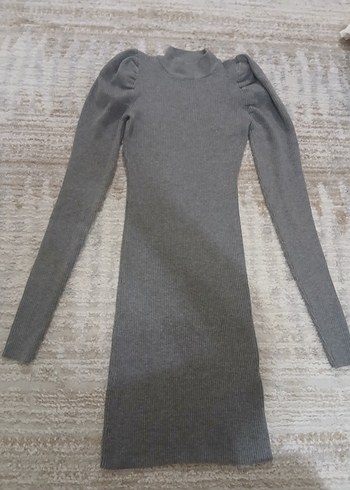 Bershka Gri Uzun Kollu Yüksek Yakalı Triko Elbise