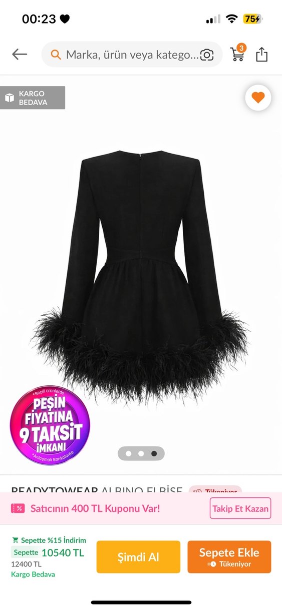 Siyah Kürklü Mini Özel dikim Kadın Elbise - Görsel 2