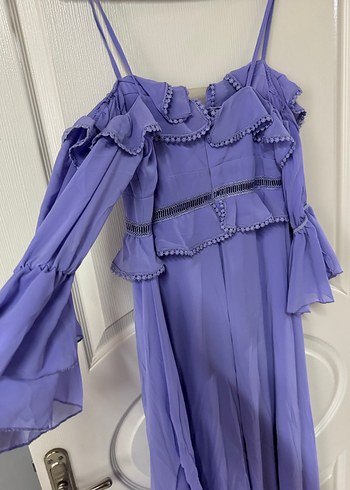 Pastel Mor Uzun Volanlı V Yaka Abiye Elbise - Görsel 4