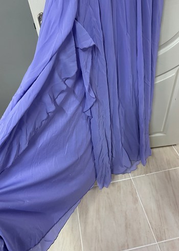 Pastel Mor Uzun Volanlı V Yaka Abiye Elbise - Görsel 3