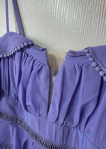 Pastel Mor Uzun Volanlı V Yaka Abiye Elbise - Görsel 5