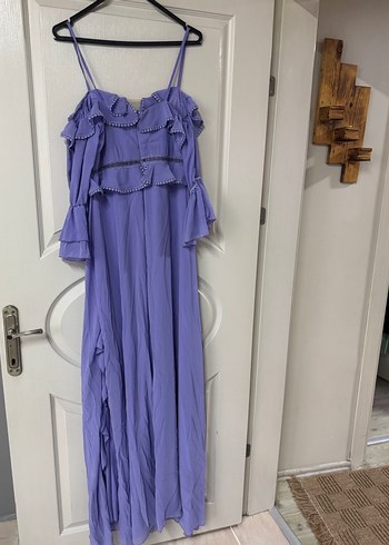 Pastel Mor Uzun Volanlı V Yaka Abiye Elbise - Görsel 2