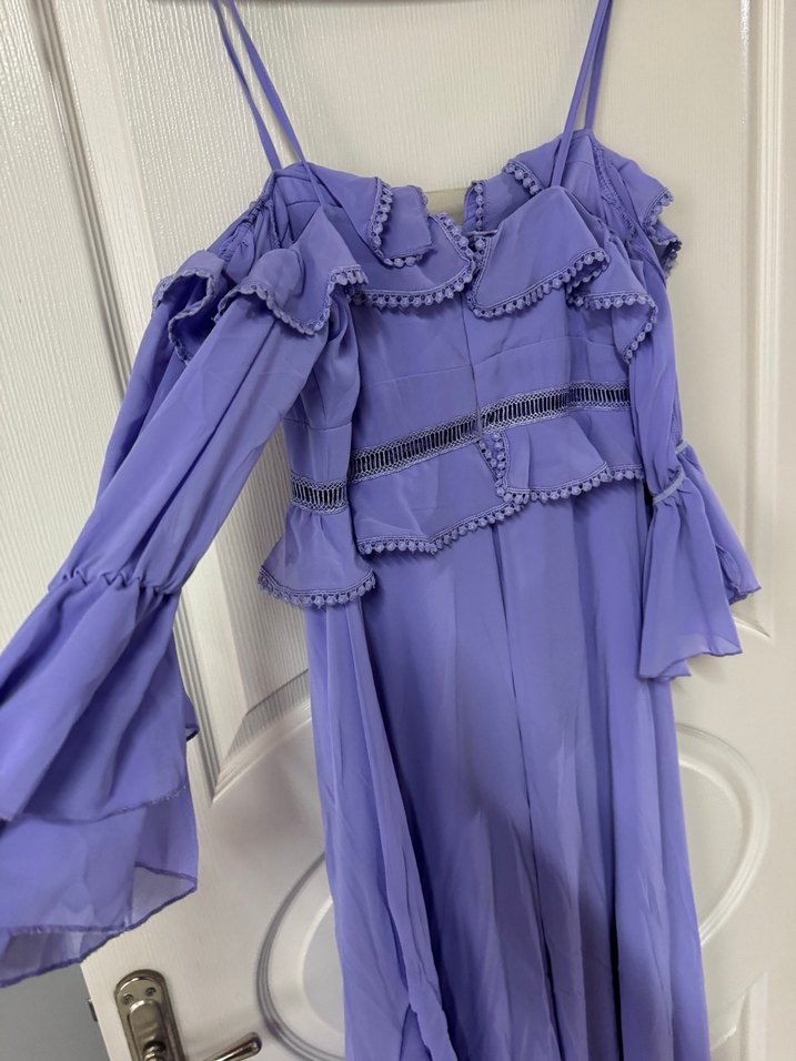 Pastel Mor Uzun Volanlı V Yaka Abiye Elbise - Görsel 4