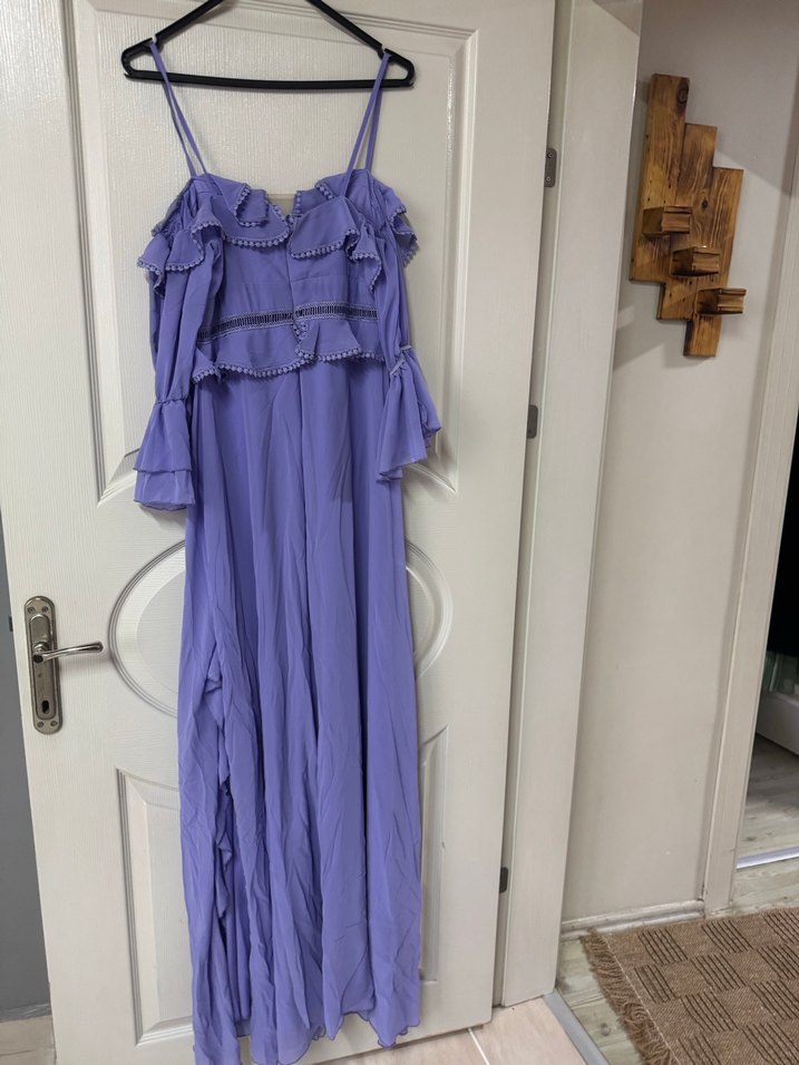 Pastel Mor Uzun Volanlı V Yaka Abiye Elbise - Görsel 2