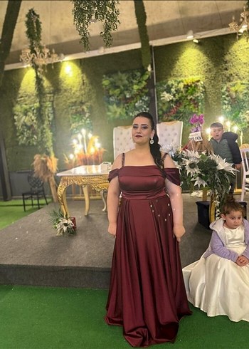 Diğer Bordo Uzun Drapeli Abiye Elbise