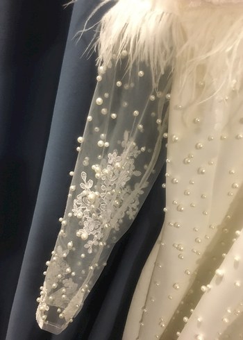 40 Beden beyaz Renk Uzun Kollu İnci Detaylı Bohem Nikah elbisesi