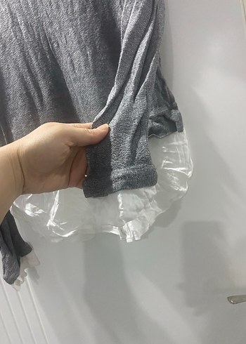 Gri Örgü Triko Beyaz Yakalı Kadın Kazak - Görsel 2