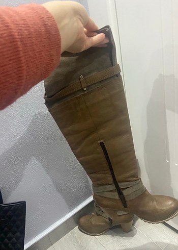 Kahverengi Deri Tokalı Dizüstü Kadın Çizmesi - Görsel 6