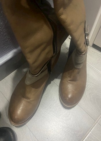 Kahverengi Deri Tokalı Dizüstü Kadın Çizmesi - Görsel 9